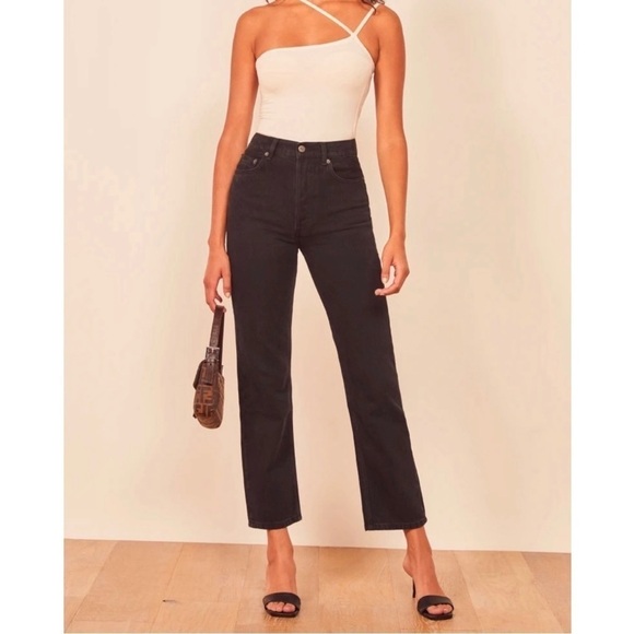 Reformation‎ High Rise Crop Mini Boot Stretch Jeans Black Erie 28 - Picture 1 of 7